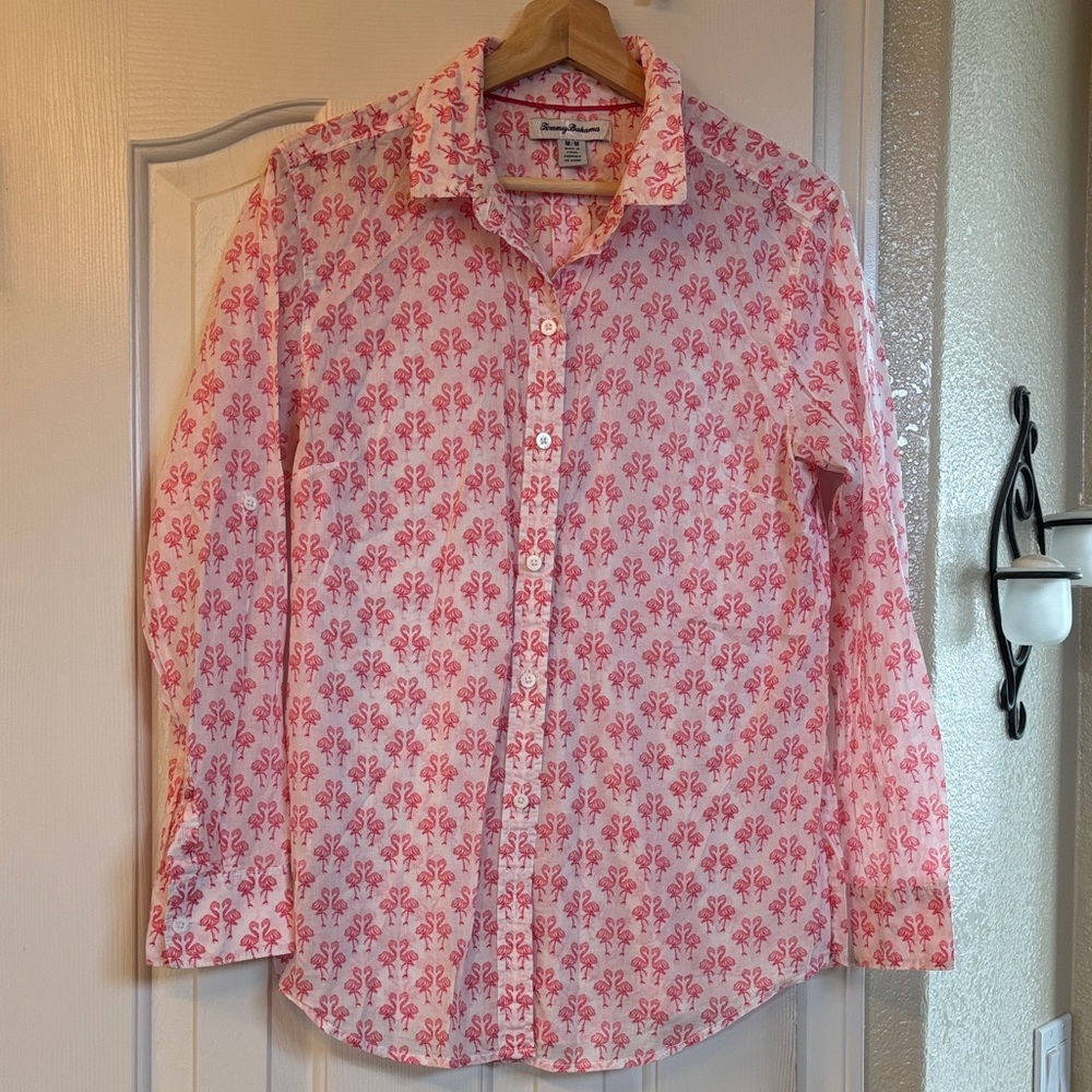 Tommy Bahama long-sleeve button-down shirt featuring a pink flamingo print.